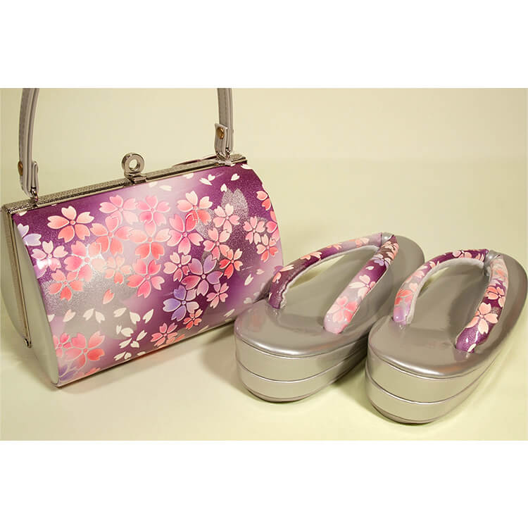 シルバー、紫　桜　振袖用草履バック