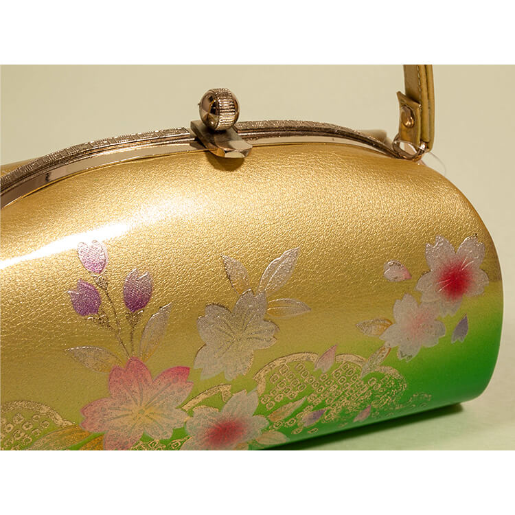 ゴールド　緑　桜　振袖用草履バック