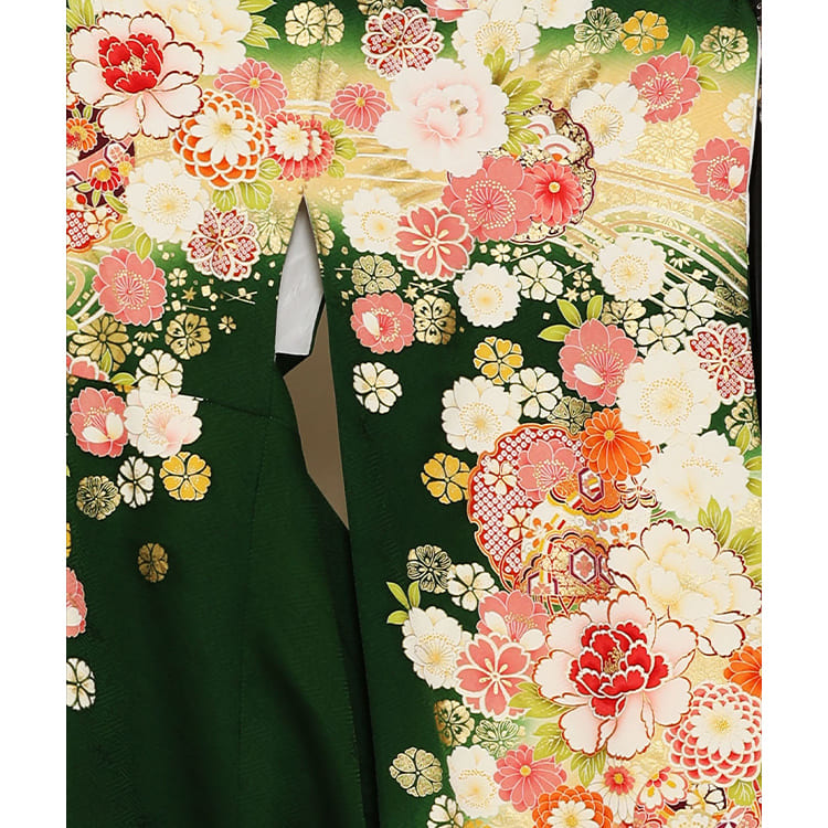 濃い緑に花柄