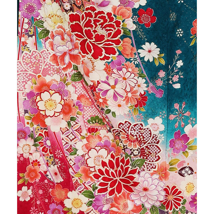 インディコブルーに赤　花柄
