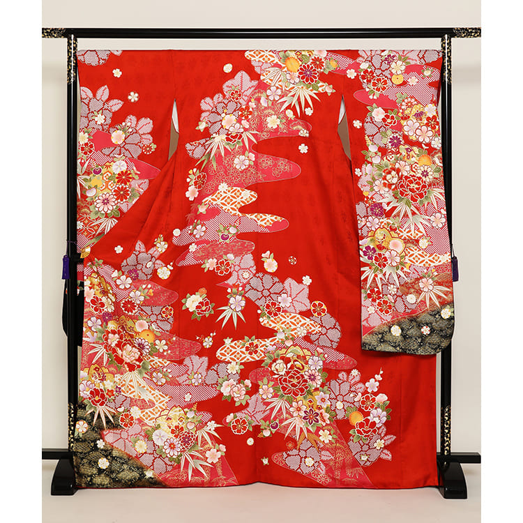 赤に雲取　花柄