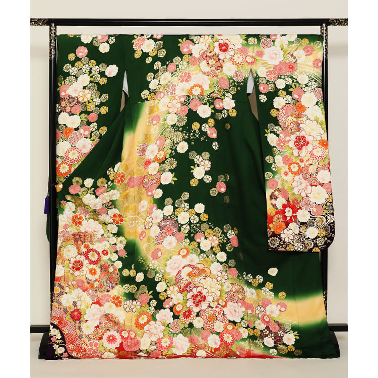 濃い緑に花柄