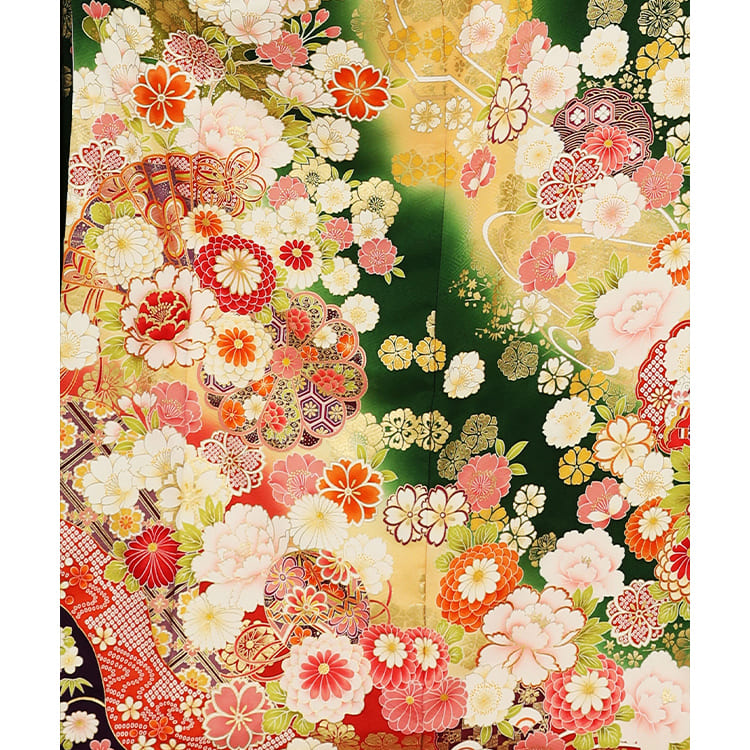 濃い緑に花柄