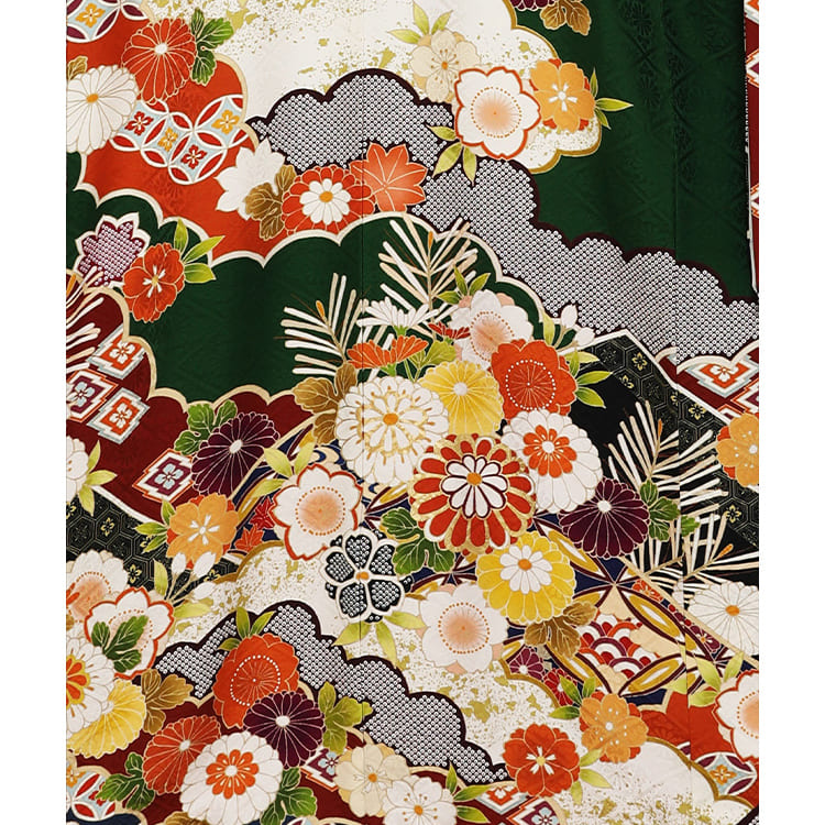 濃い緑に花柄