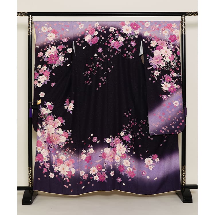 紫のグラデーションに花々とリボン