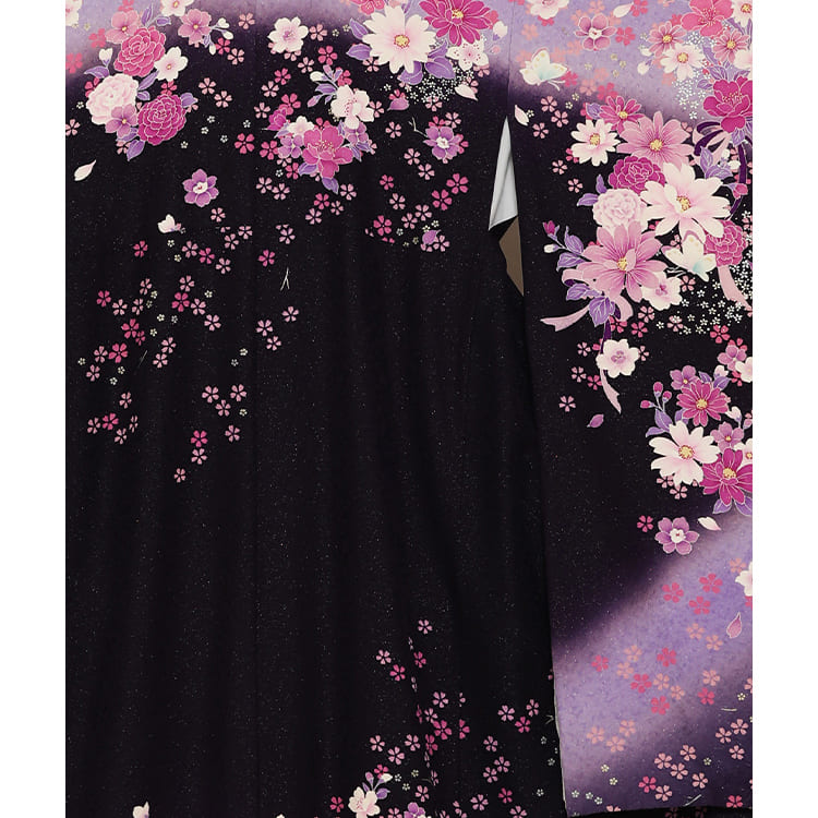 紫のグラデーションに花々とリボン