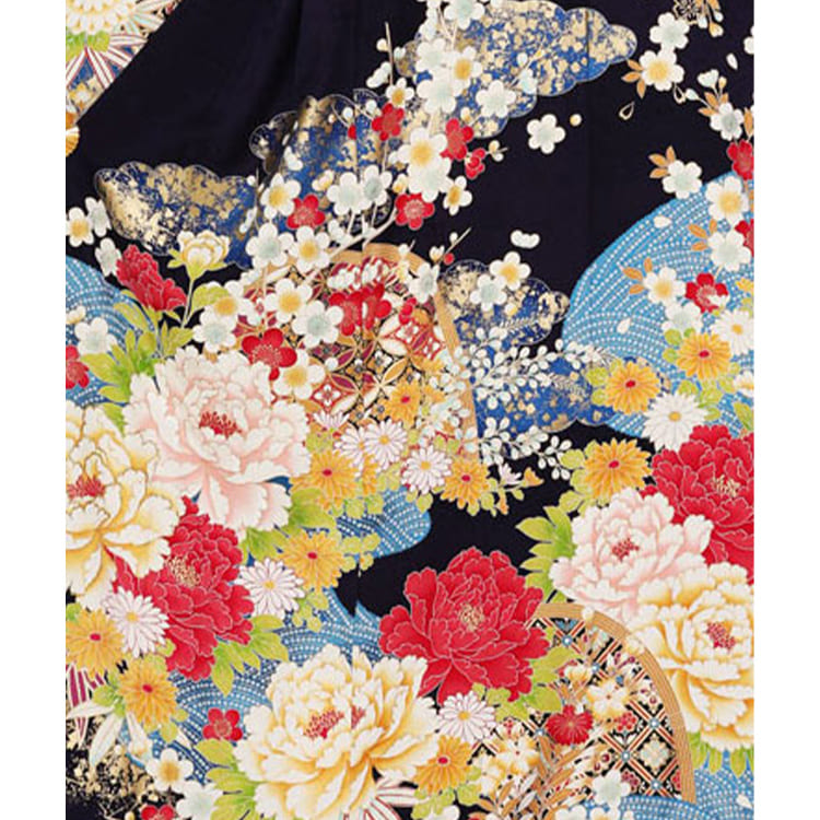 濃紺　牡丹　白の花々