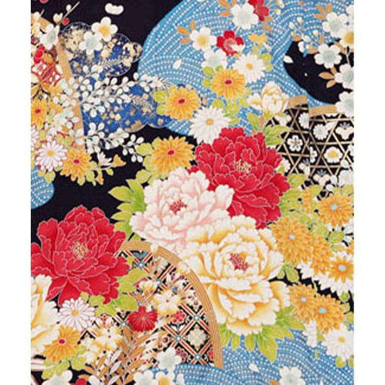 濃紺　牡丹　白の花々