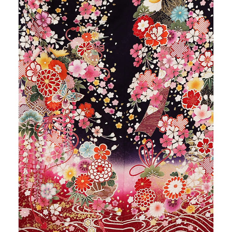濃紫に花々や蝶　金砂子