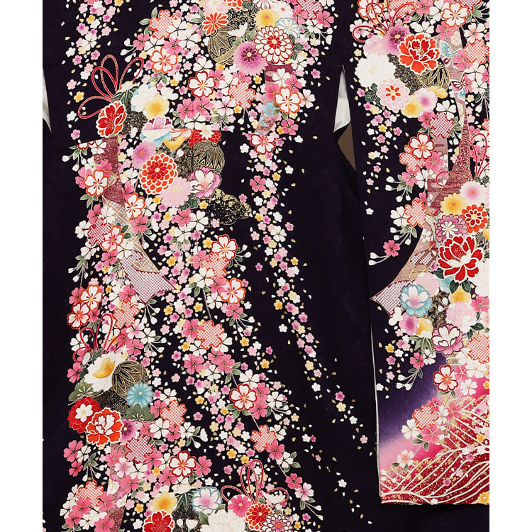 濃紫に花々や蝶　金砂子