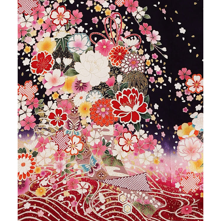 濃紫に花々や蝶　金砂子