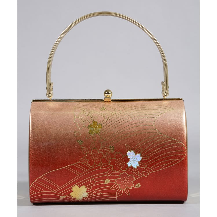 草履バッグ　えんじグラデーション　金縁の桜