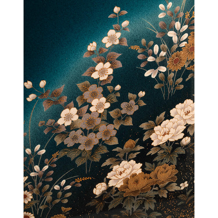 青色　草花　友禅染め額