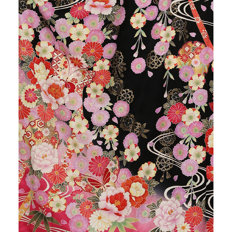 黒地　八重桜や牡丹や菊
