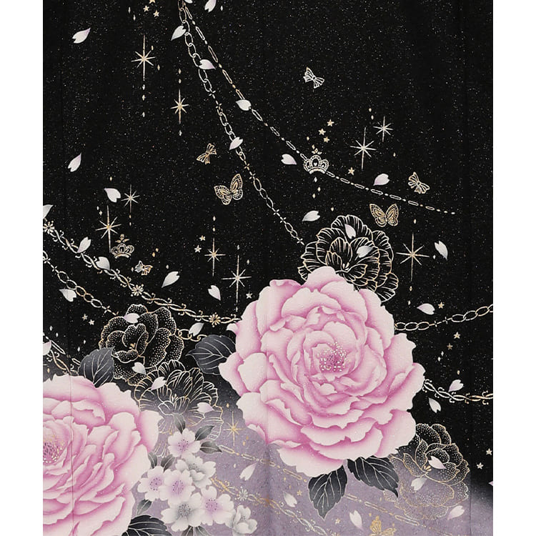 黒地に薄紫色　大輪の牡丹と控えめな桜