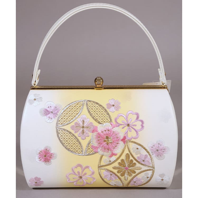 草履バック　白と黄色に桜柄
