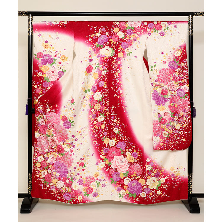 白赤ぼかしに花と蝶